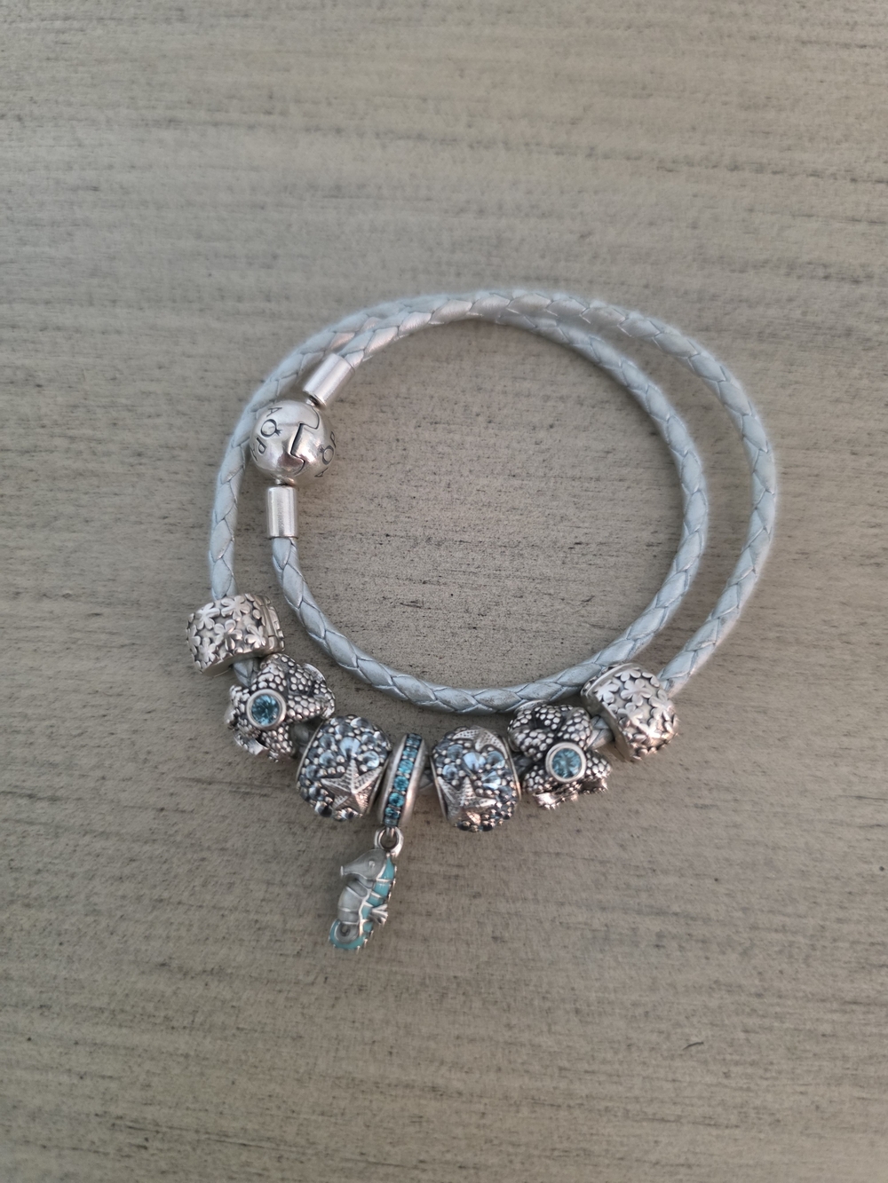 Pandora Light Blue And Silver Charm Wrap Bracelet with Light Blue Accents